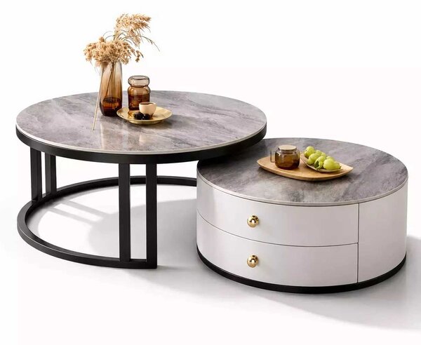 LuxuryForm DESIGN Konferenčný stolík ORION 70 × 70 / 50 × 50 cm – biely / sivý mramor (set 2 ks)