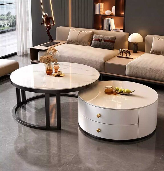 LuxuryForm DESIGN Konferenčný stolík ORION 70 × 70 / 50 × 50 cm – biely / biely mramor (set 2 ks)