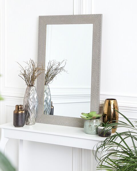 Nástenné zrkadlo sivé 60 x 91 cm plastové so vzorovaným rámom elegantné obdĺžnikové moderné