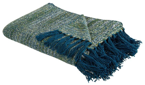 Deka modrá zelená akryl polyester 130 x 170 cm obdĺžnikový tvar pásikavý vzor prikrývka so strapcami boho štýl doplnky
