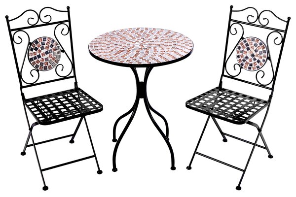 Záhradná bistro sada čierna kov 60 cm okrúhly stôl 2 skladacie stoličky mozaikový vzor vintage štýl záhrada exteriér