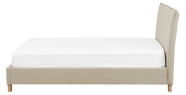 Posteľ béžová látkové čalúnenie 140 x 200 cm nohy zo svetlého dreva lamelový rošt s čelom moderný škandinávsky štýl spálňa