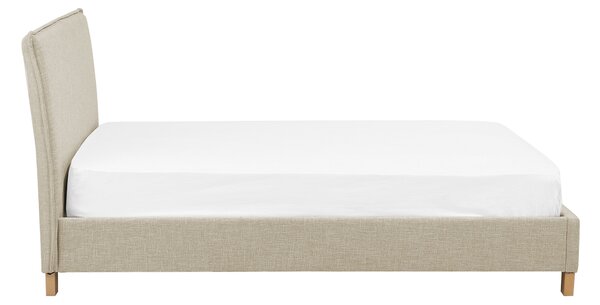 Posteľ béžová látkové čalúnenie 140 x 200 cm nohy zo svetlého dreva lamelový rošt s čelom moderný škandinávsky štýl spálňa
