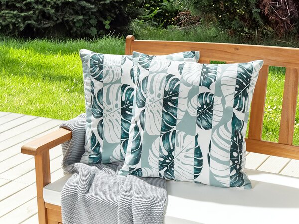 Sada 2 záhradných dekoratívnych vankúšov zelená so vzorom listov polyester 45 x 45 cm moderné vodoodolné vankúše