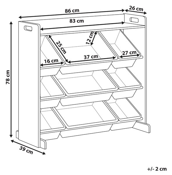 Regál s 9 úložnými boxmi sivá biela MDF plastové boxy úložný priestor moderný štýl detská izba
