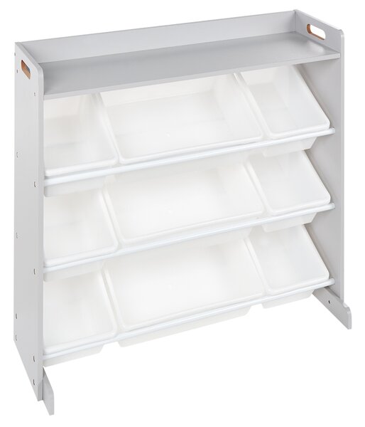 Regál s 9 úložnými boxmi sivá biela MDF plastové boxy úložný priestor moderný štýl detská izba