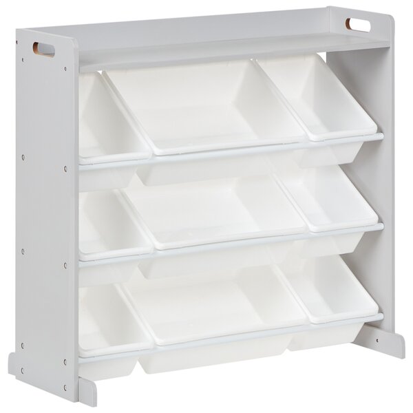 Regál s 9 úložnými boxmi sivá biela MDF plastové boxy úložný priestor moderný štýl detská izba