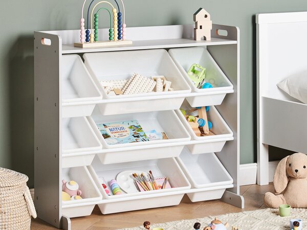 Regál s 9 úložnými boxmi sivá biela MDF plastové boxy úložný priestor moderný štýl detská izba