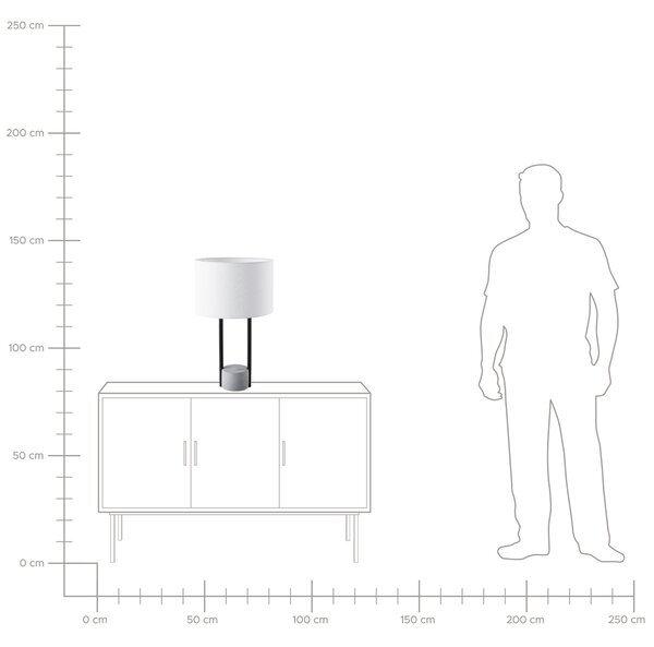 Stolná lampa biele látkové tienidlo okrúhly tvar čierny kovový stojan betónový podstavec 60 cm nočná lampa moderný štýl obývačka spálňa