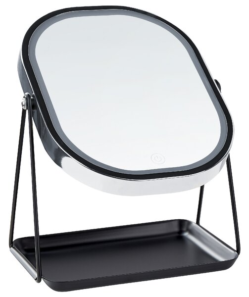 Kozmetické LED zrkadlo strieborné a čierne kovové 20 x 22 cm stolové obojstranné zväčšovacie sklo