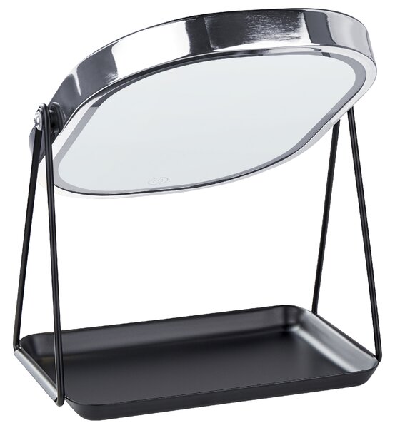 Kozmetické LED zrkadlo strieborné a čierne kovové 20 x 22 cm stolové obojstranné zväčšovacie sklo