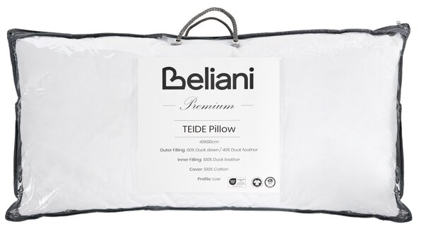 Nízky vankúš na spanie biely trojkomorový kačacie perie a páperie 40 x 80 cm prémiový bavlnený poťah