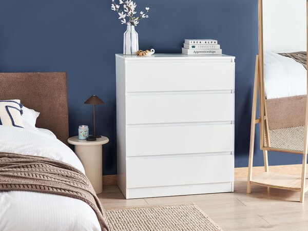 Komoda biela drevotrieska so 4 zásuvkami 100 x 80 cm úložný nábytok škandinávsky dizajn spálňa obývacia izba