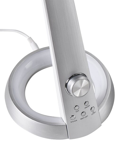 Stolná LED lampa strieborná syntetický materiál 3 režimy teploty svetla plynulý stmievač USB port nastaviteľné tienidlo moderná kancelária