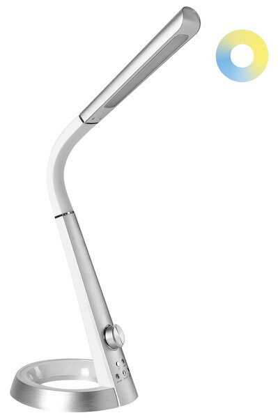 Stolná LED lampa strieborná syntetický materiál 3 režimy teploty svetla plynulý stmievač USB port nastaviteľné tienidlo moderná kancelária