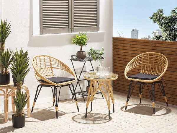 Bistro sada prírodná umelý ratan čierne kovové nohy vankúše 3-dielna 2 stoličky konferenčný stolík moderný boho štýl záhrada balkón