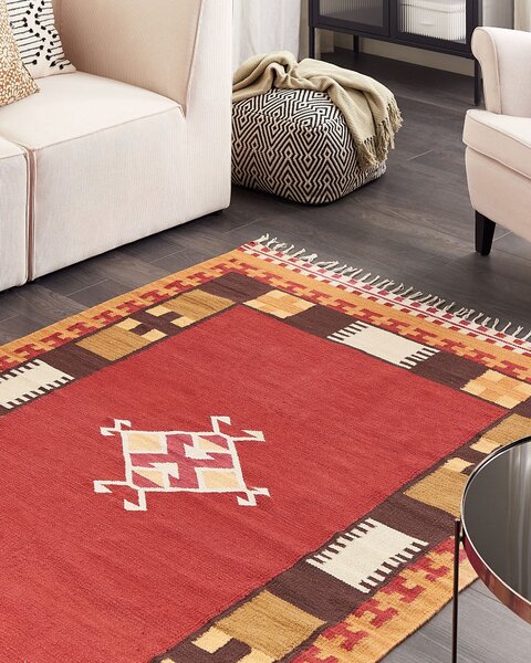Kelímový koberec viacfarebný bavlna 140 x 200 cm obojstranný geometrický vzor so strapcami ručne tkaný boho štýl obývačka spálňa