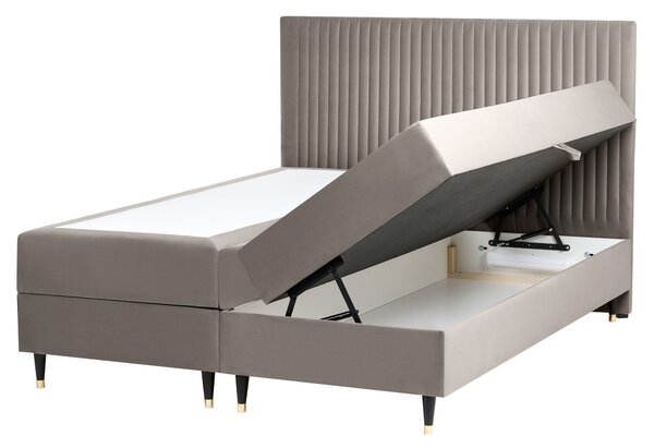 Kontinentálna posteľ sivobéžová zamatové čalúnenie 160 x 200 cm s úložným priestorom s matracom a čelom moderný štýl spálňa