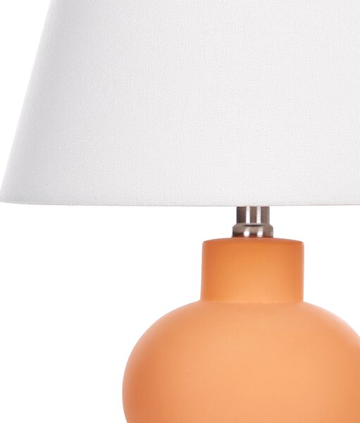 Stolná lampa oranžová keramický podstavec ľanové tienidlo v tvare bubna minimalistický dizajn