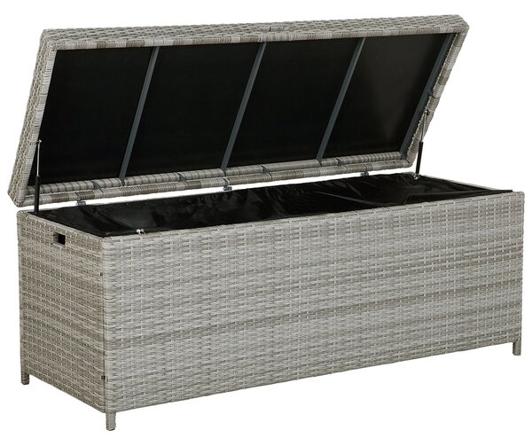 Vonkajší úložný box sivý umelý ratan 158 x 63 cm záhradný box na vankúše moderný štýl terasa záhrada