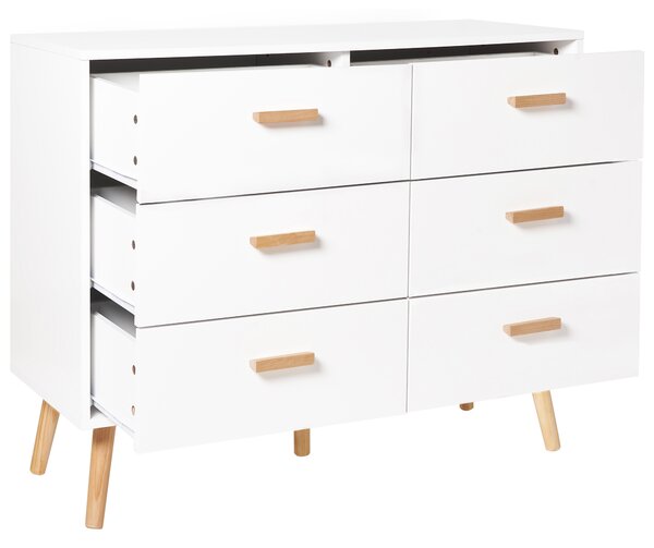 Komoda biela svetlé drevo MDF nohy z dubového dreva úložný priestor 6 zásuviek moderný škandinávsky štýl obývačka spálňa