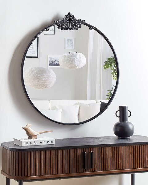 Nástenné zrkadlo okrúhle čierne kovové ⌀ 67 cm dekoratívne glamour štýl závesné dekorácie