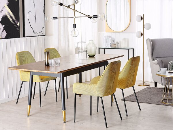 Rozkladací jedálenský stôl tmavé drevo čierna zlatá MDF kov 160/200 x 90 cm obdĺžnikový tvar pre 6 osôb moderný štýl kuchyňa jedáleň