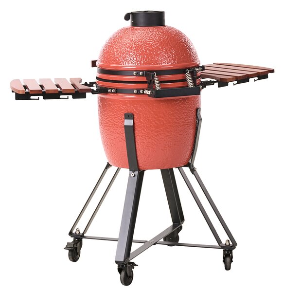 Veľký gril na drevené uhlie červený keramika gril typu Kamado s vekom a teplomerom a roštom na varenie moderný štýl záhrada