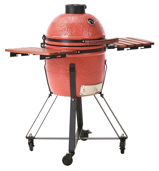 Veľký gril na drevené uhlie červený keramika gril typu Kamado s vekom a teplomerom a roštom na varenie moderný štýl záhrada