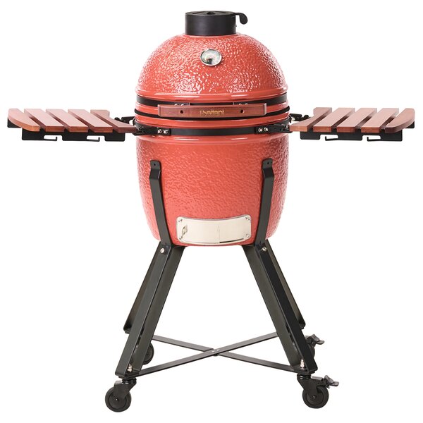 Veľký gril na drevené uhlie červený keramika gril typu Kamado s vekom a teplomerom a roštom na varenie moderný štýl záhrada