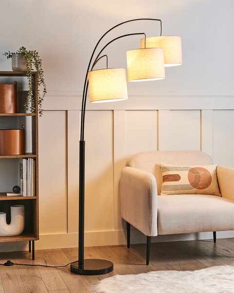 Stojaca lampa béžová čierna kovový podstavec 3 látkové tienidlá moderný industriálny štýl obývačka spálňa kancelária