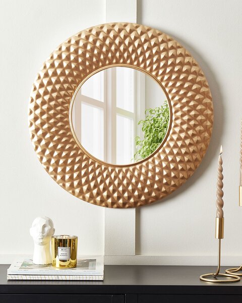 Nástenné zrkadlo zlaté kovové okrúhle 60 cm na stenu bytové doplnky moderná elegantná obývacia izba spálňa