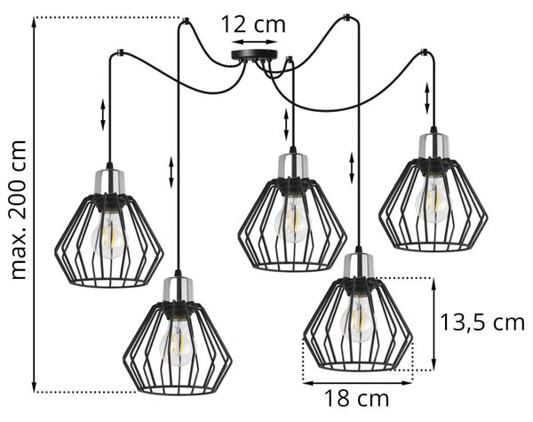 Závesné svietidlo Nuvola Spider 4, 5x čierne drôtené tienidlo, ch