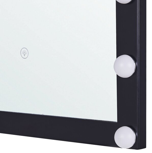 Nástenné kozmetické zrkadlo s LED svetlom čierne 50 x 60 cm obdĺžnikový tvar hollywoodske so žiarovkami toaletný stolík glamour štýl