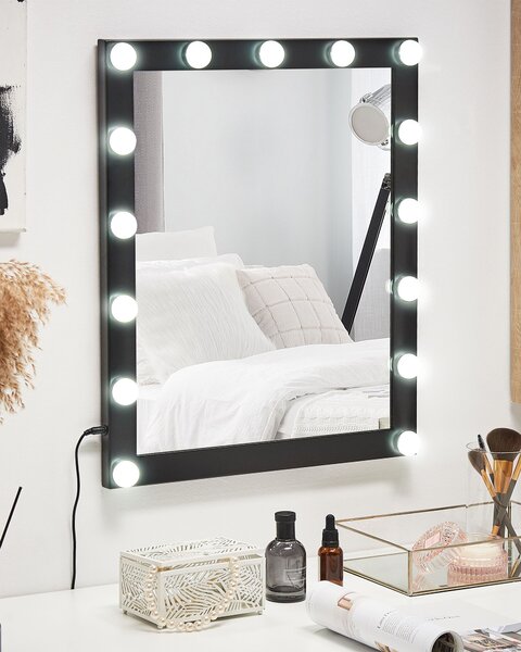 Nástenné kozmetické zrkadlo s LED svetlom čierne 50 x 60 cm obdĺžnikový tvar hollywoodske so žiarovkami toaletný stolík glamour štýl
