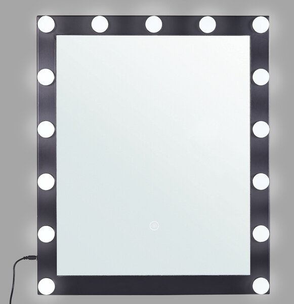 Nástenné kozmetické zrkadlo s LED svetlom čierne 50 x 60 cm obdĺžnikový tvar hollywoodske so žiarovkami toaletný stolík glamour štýl