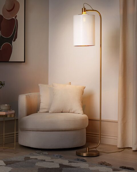 Stojaca lampa biele ľanové tienidlo medený kovový podstavec 155 cm moderné svietidlo glamour štýl