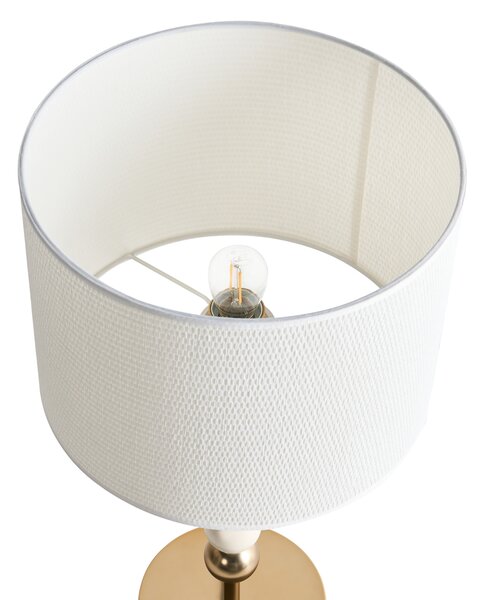 Stolná lampa mosadzná a béžová železný podstavec biele tienidlo mid-century modern štýl obývacia izba spálňa