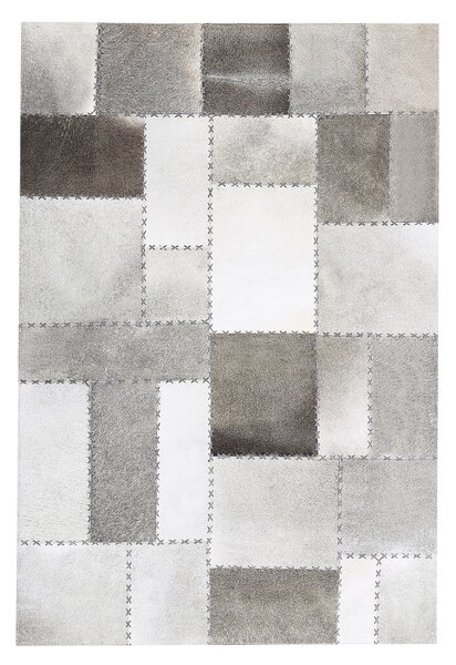 Koberec hnedá sivá hovädzia koža 140 x 200 cm patchwork obdĺžnikový tvar ručná výroba moderný vintage štýl