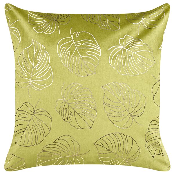 Sada 2 dekoratívnych vankúšov svetlozelená zamat 45 x 45 cm zlatá potlač listov monstery elegantný glamour štýl doplnky