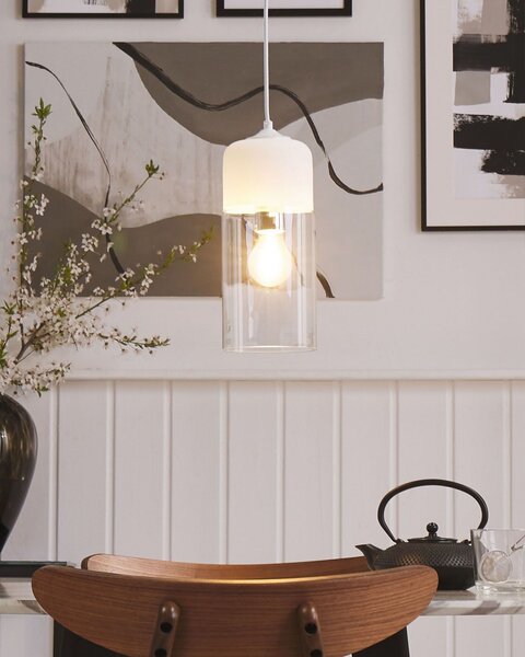 Závesná lampa biela priehľadná sklenené tienidlo geometrický valcovitý tvar moderný industriálny štýl obývačka jedáleň