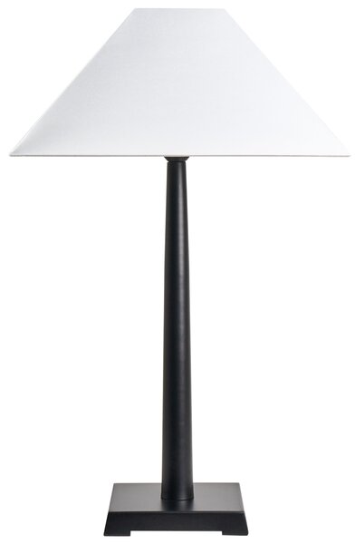 Stolná lampa čierny železný stojan biele látkové tienidlo moderný dizajn obývacia izba spálňa
