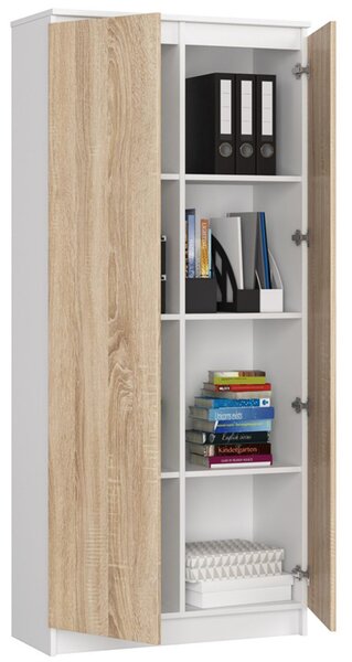 Regál R 80 cm CLP 2 dvierka 8 poličiek biela/dub sonoma