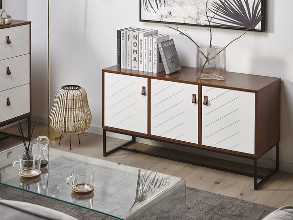 Komoda tmavé drevo biela MDF kov 62 x 112 x 39 cm 3-dverová 3 skrinky úložný priestor moderný štýl obývačka spálňa