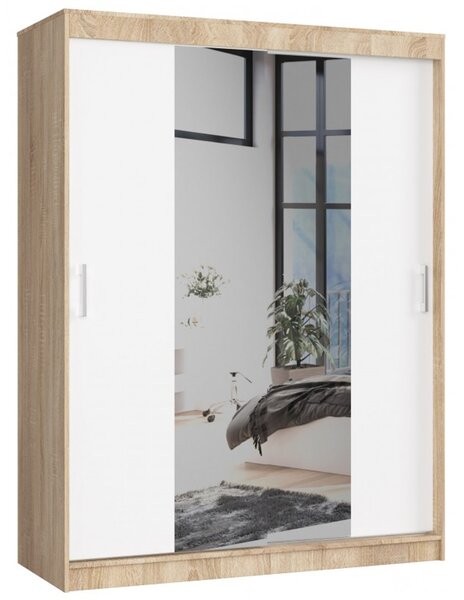 Šatníková skriňa posuvná 150cm CLP so zrkadlom dub sonoma/biela
