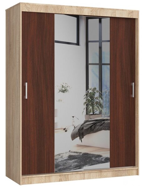 Šatníková skriňa posuvná 150cm CLP so zrkadlom dub sonoma/wenge