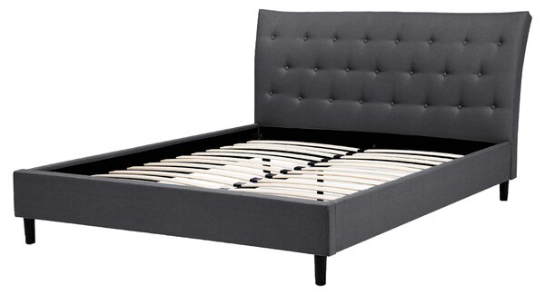Posteľ tmavosivá látkové čalúnenie 160 x 200 cm prešívané čelo s gombíkmi v štýle Chesterfield lamelový rošt drevené nohy moderný štýl spálňa