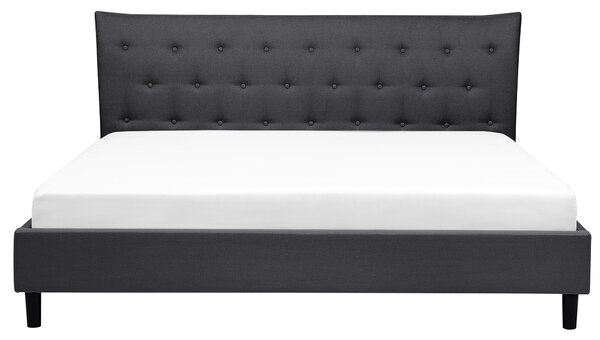 Posteľ tmavosivá látkové čalúnenie 160 x 200 cm prešívané čelo s gombíkmi v štýle Chesterfield lamelový rošt drevené nohy moderný štýl spálňa