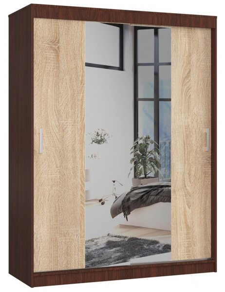 Šatníková skriňa posuvná 150cm CLP so zrkadlom wenge/dub sonoma