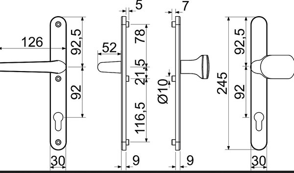 Dverové kovanie pre vstupné dvere RICHTER RHD.005.92 (F7016), madlo/klika, Otvor na cylindrickú vložku PZ, RICHTER antracit, 92 mm